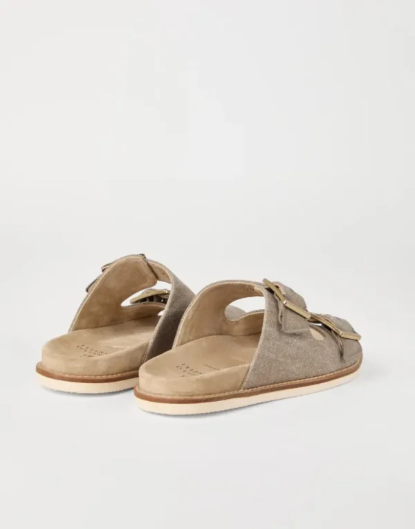 Brunello Cucinelli Pantoletten aus Délavé-Canvas und Veloursleder mit Schließen | Herren Pantoletten & Flipflops