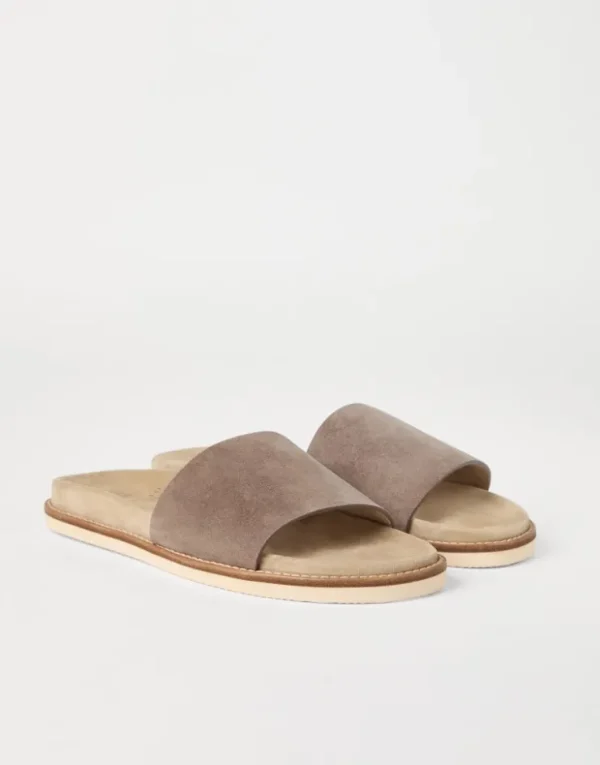 Brunello Cucinelli Pantoletten aus gewaschenem Veloursleder | Herren Pantoletten & Flipflops