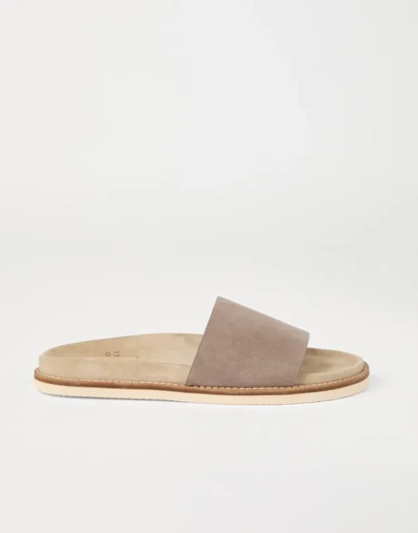 Brunello Cucinelli Pantoletten aus gewaschenem Veloursleder | Herren Pantoletten & Flipflops