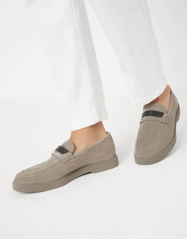 Brunello Cucinelli Penny-Loafers aus Veloursleder mit Monili | Damen Loafers & Flache Schuhe