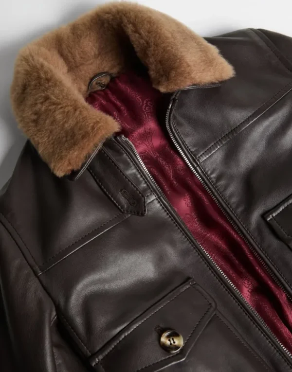 Brunello Cucinelli Pilotenblouson aus glänzendem Kalbsleder mit abnehmbarem Besatz aus Shearling | Kinder Mäntel & Jacken