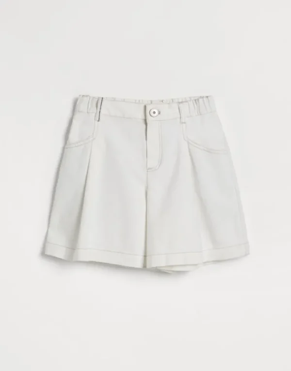 Brunello Cucinelli Pleated Baggy-Shorts aus gefärbtem Soft Denim mit Monili | Kinder Hosen & Röcke