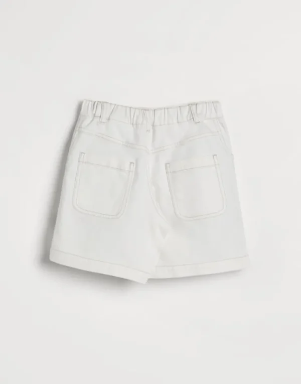 Brunello Cucinelli Pleated Baggy-Shorts aus gefärbtem Soft Denim mit Monili | Kinder Hosen & Röcke