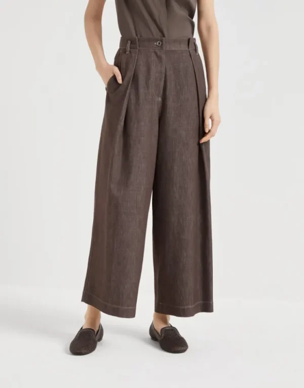 Brunello Cucinelli Pleated-Hose in A-Linie aus Twill in Denim-Optik mit Shiny Loop | Damen Hosen