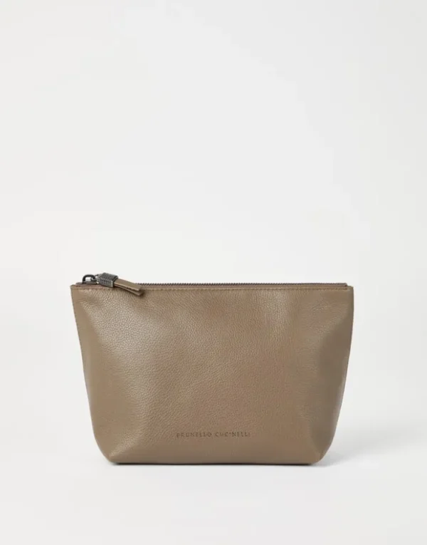 Brunello Cucinelli Pochette aus genarbtem Leder mit Shiny Zipper Pull | Damen Kleinleder