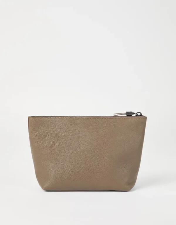 Brunello Cucinelli Pochette aus genarbtem Leder mit Shiny Zipper Pull | Damen Kleinleder