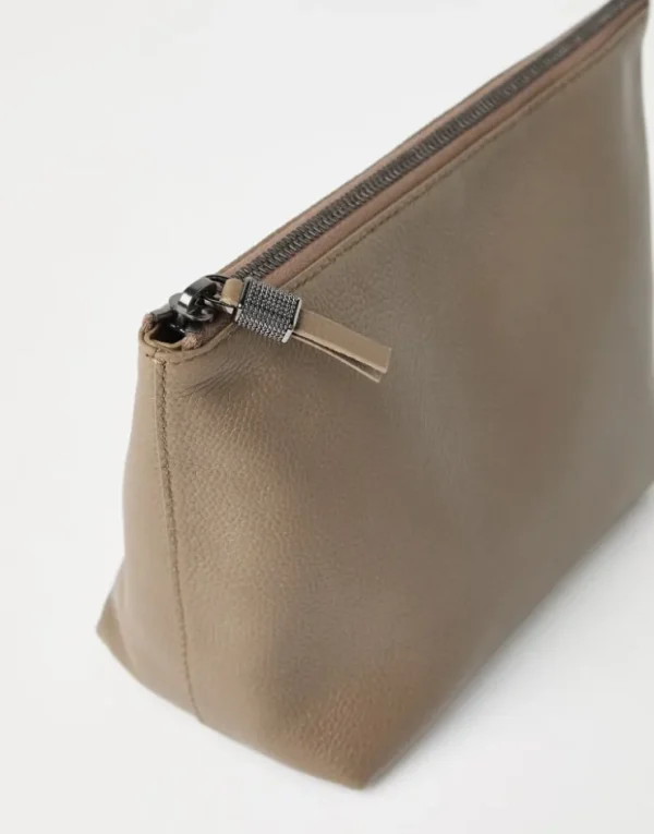 Brunello Cucinelli Pochette aus genarbtem Leder mit Shiny Zipper Pull | Damen Kleinleder