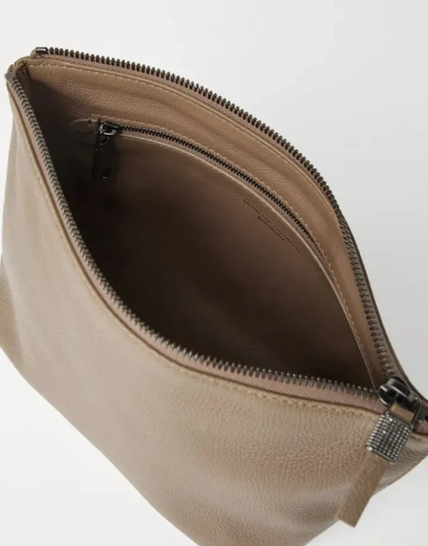 Brunello Cucinelli Pochette aus genarbtem Leder mit Shiny Zipper Pull | Damen Kleinleder