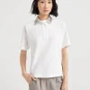 Brunello Cucinelli Poloshirt aus Baumwolljersey mit Kragen in Dazzling Net Embroidery | Damen T-shirts & Tops