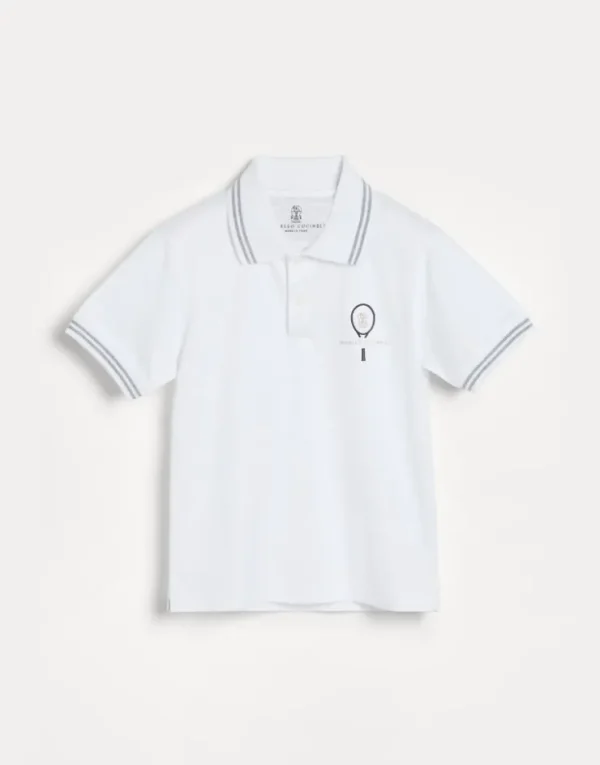 Brunello Cucinelli Poloshirt aus Baumwolljersey mit gestreiftem Kragen und Tennis-Logo | Kinder T-shirts & Hemden