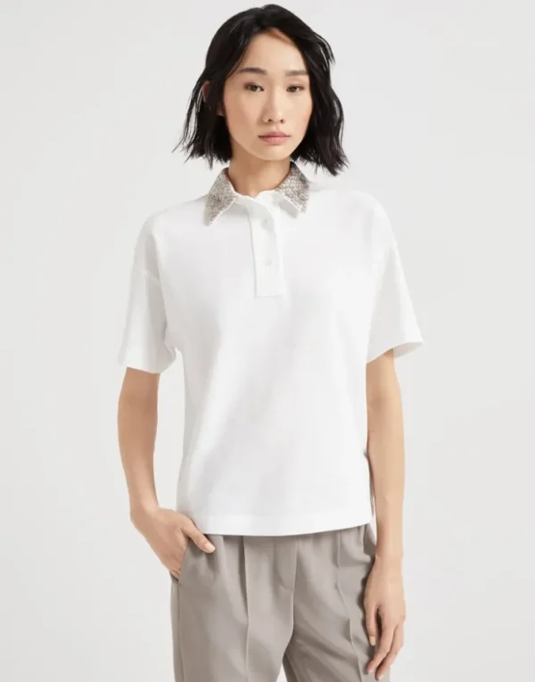 Brunello Cucinelli Poloshirt aus Baumwolljersey mit Kragen in Dazzling Net Embroidery | Damen T-shirts & Tops