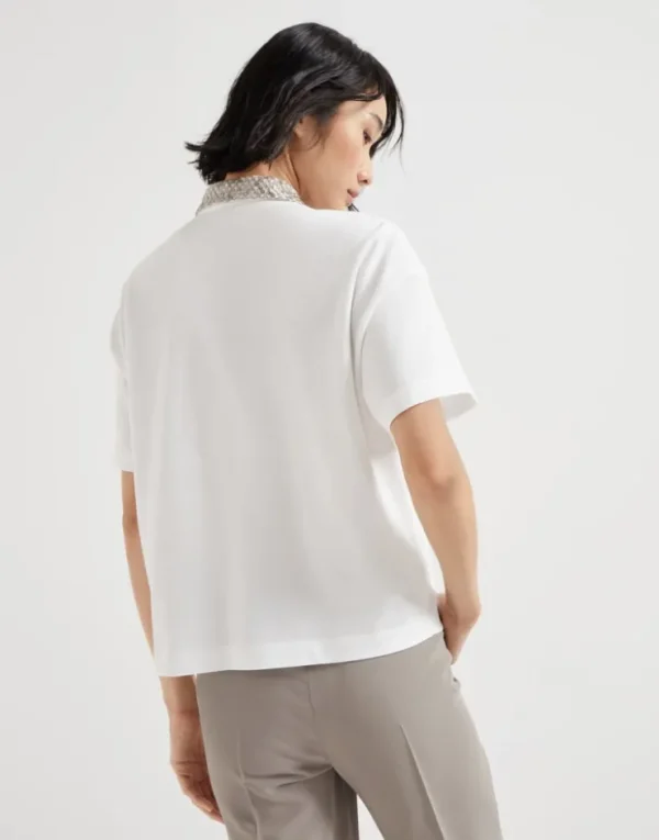 Brunello Cucinelli Poloshirt aus Baumwolljersey mit Kragen in Dazzling Net Embroidery | Damen T-shirts & Tops