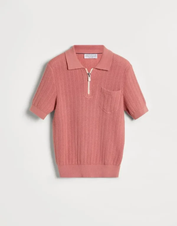 Brunello Cucinelli Poloshirt aus Baumwollstrick in Waffelpikee mit halbem Reißverschluss | Kinder Strickwaren