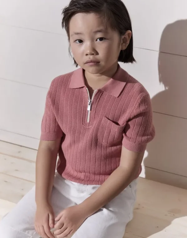 Brunello Cucinelli Poloshirt aus Baumwollstrick in Waffelpikee mit halbem Reißverschluss | Kinder Strickwaren