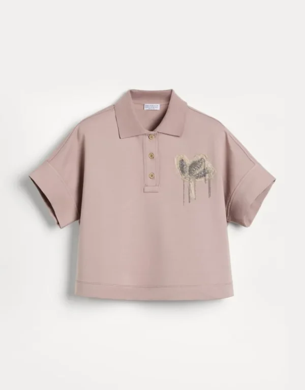 Brunello Cucinelli Poloshirt aus leichtem Stretch-Baumwollsweat mit Precious Flower Crest | Kinder Travelwear