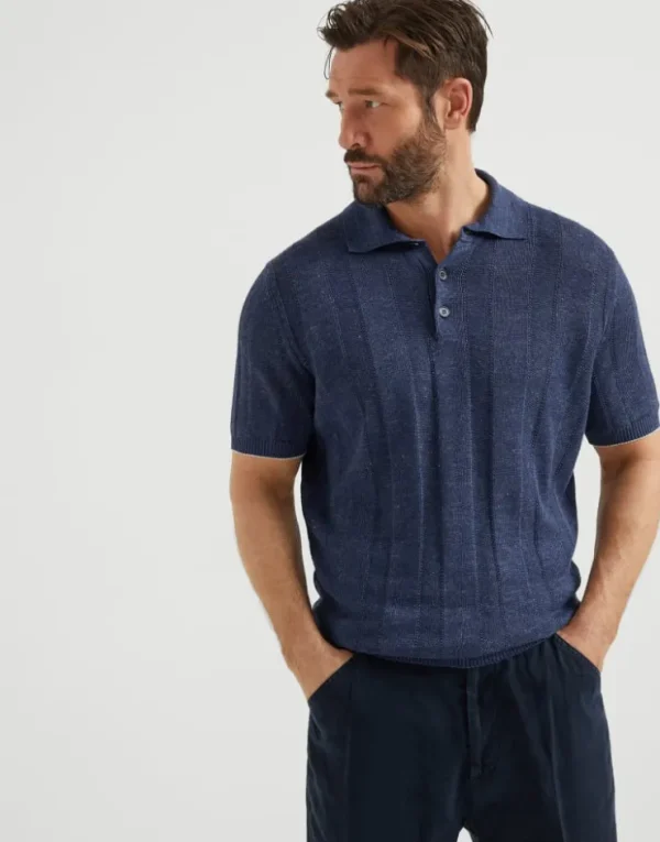 Brunello Cucinelli Poloshirt aus Leinen und Baumwolle in breitem Rippenstrick | Herren Strickwaren