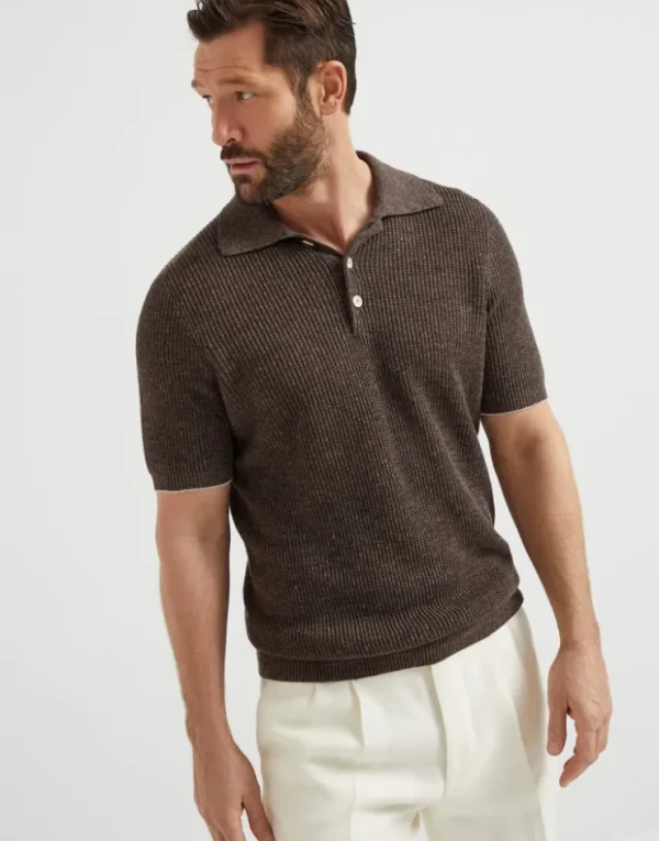 Brunello Cucinelli Poloshirt aus Leinen und Baumwolle in Halbpatentstrick | Herren Strickwaren