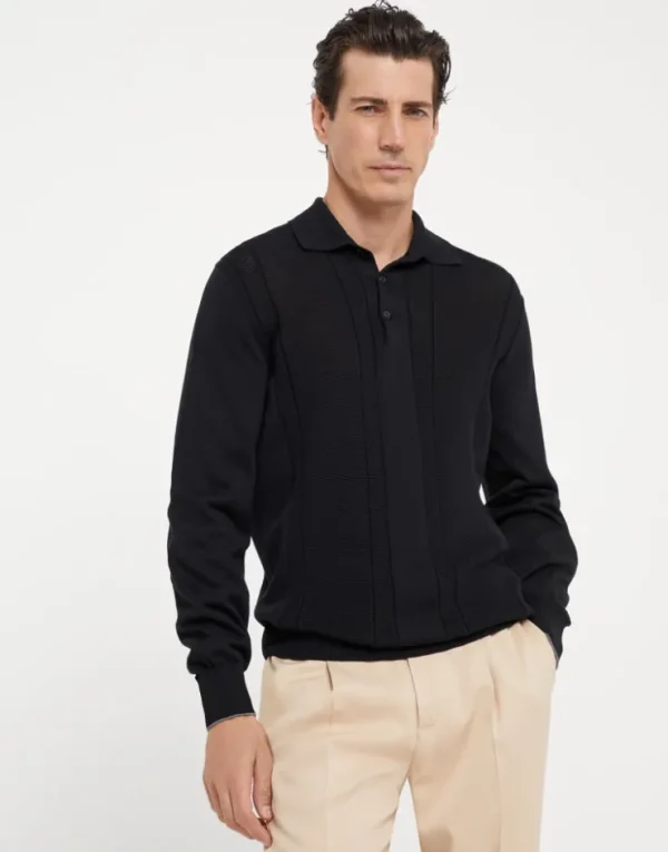 Brunello Cucinelli Poloshirt aus Strukturstrick in Baumwolle mit langem Arm | Herren Strickwaren