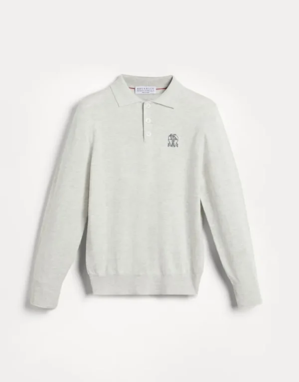 Brunello Cucinelli Poloshirt mit langen Ärmeln aus Baumwollstrick mit Logo | Kinder Strickwaren