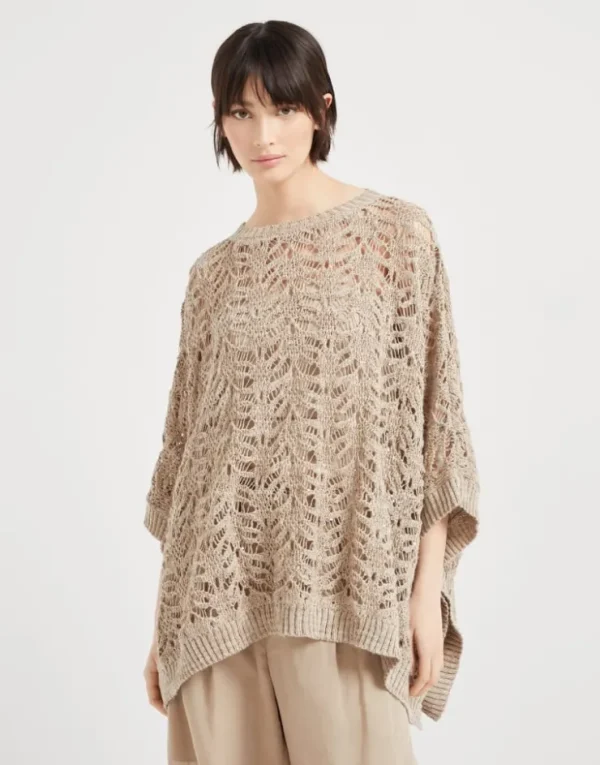 Brunello Cucinelli Poncho aus Foliage Lace-Strick in Leinen und Diamantseide | Damen Strickwaren