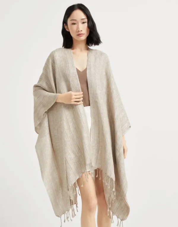 Brunello Cucinelli Poncho aus gestreiftem Sparkling-Leinen | Damen T-shirts & Tops