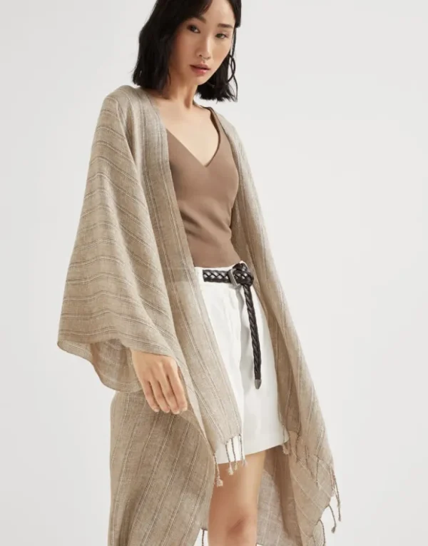 Brunello Cucinelli Poncho aus gestreiftem Sparkling-Leinen | Damen T-shirts & Tops