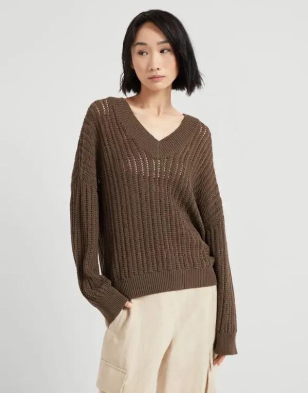 Brunello Cucinelli Pullover aus Baumwolle in durchbrochenem Rippenstrick mit Monili | Damen Strickwaren