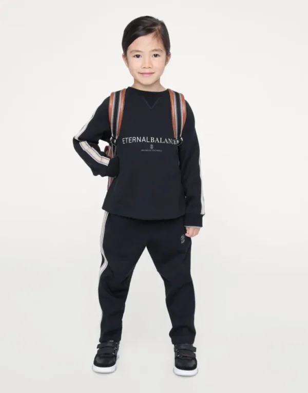 Brunello Cucinelli Pullover aus doppeltem Sweatstoff in Baumwolle, Kaschmir und Seide mit Print und Besatz aus Rips | Kinder Travelwear