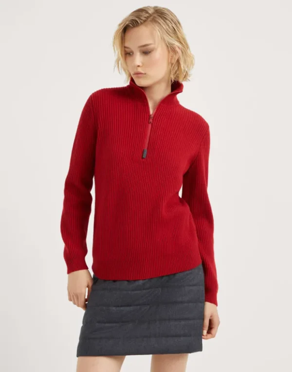 Brunello Cucinelli Pullover aus Kaschmir in Patentstrick mit Reißverschluss und Shiny Detail | Damen Strickwaren