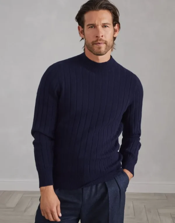 Brunello Cucinelli Pullover aus Kaschmir in flachem Rippenstrick mit Kraterkragen | Herren Strickwaren