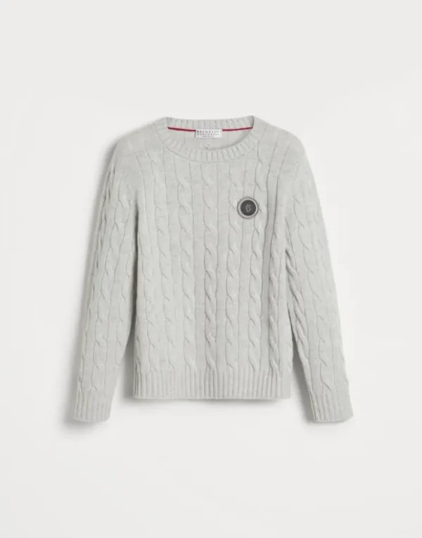 Brunello Cucinelli Pullover aus Kaschmir in Zopfstrick mit Patch | Kinder Strickwaren