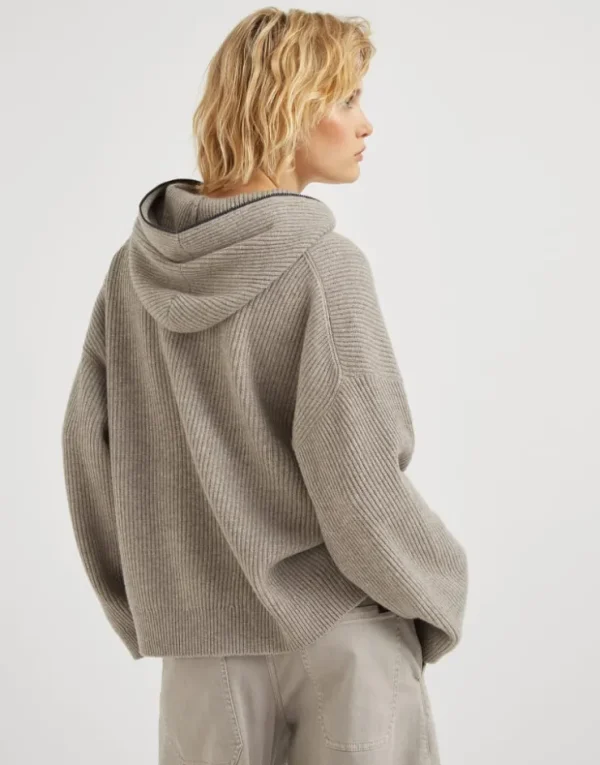 Brunello Cucinelli Pullover aus Kaschmir in Patentstrick mit Kapuze und Shiny Detail | Damen Strickwaren