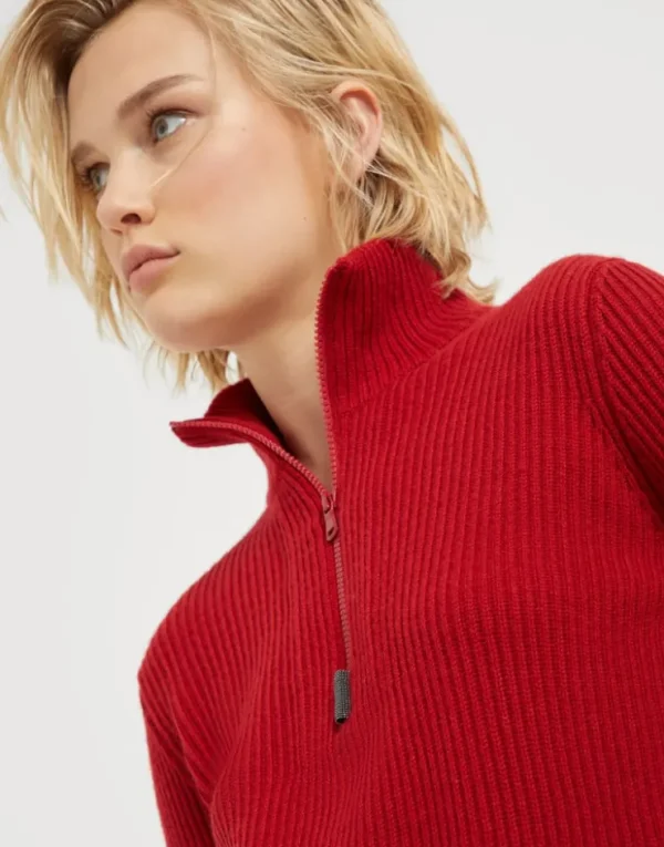 Brunello Cucinelli Pullover aus Kaschmir in Patentstrick mit Reißverschluss und Shiny Detail | Damen Strickwaren