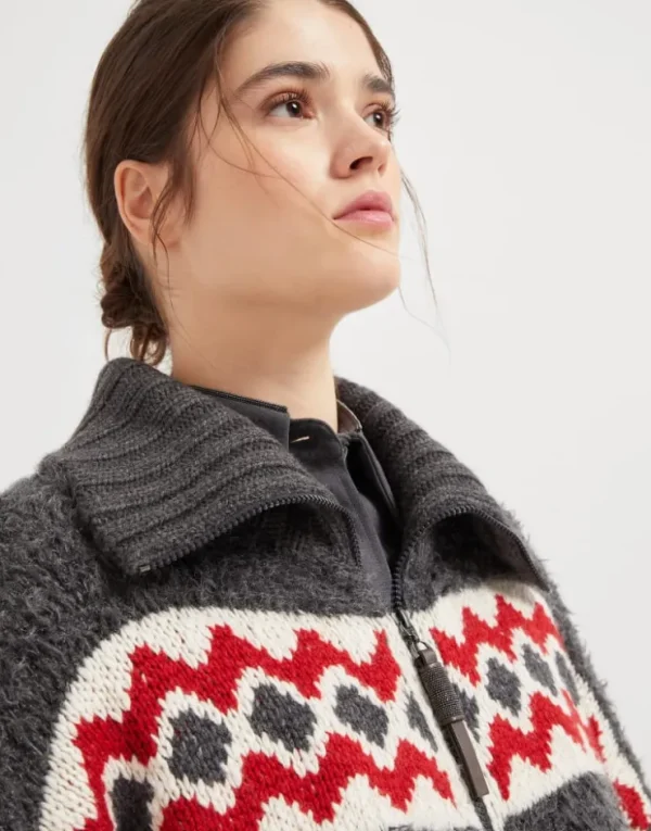 Brunello Cucinelli Retrò Jacquard-Cardigan aus Kaschmir mit Shiny Zipper Pull | Damen Strickwaren