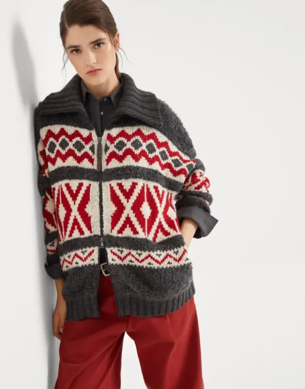 Brunello Cucinelli Retrò Jacquard-Cardigan aus Kaschmir mit Shiny Zipper Pull | Damen Strickwaren