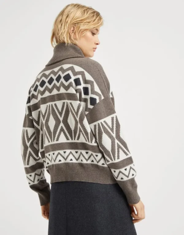 Brunello Cucinelli Retrò Jacquard-Rollkragenpullover aus Schurwolle, Kaschmir und Seide mit Reißverschluss | Damen Strickwaren