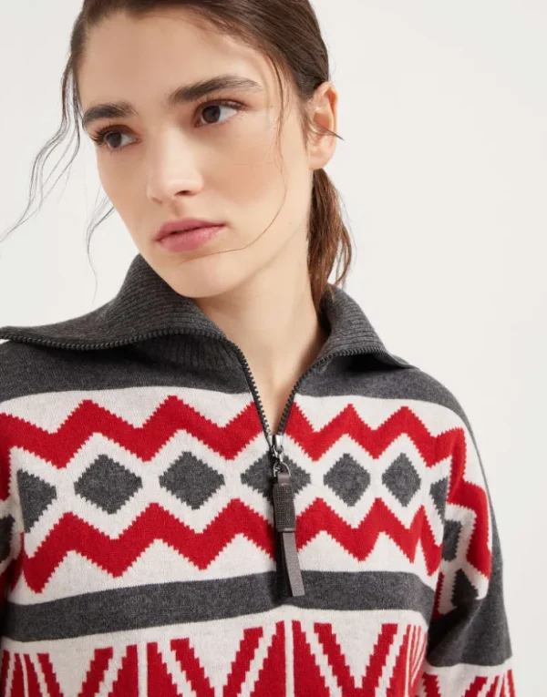 Brunello Cucinelli Retrò Jacquard-Rollkragenpullover aus Schurwolle, Kaschmir und Seide mit Reißverschluss | Damen Strickwaren