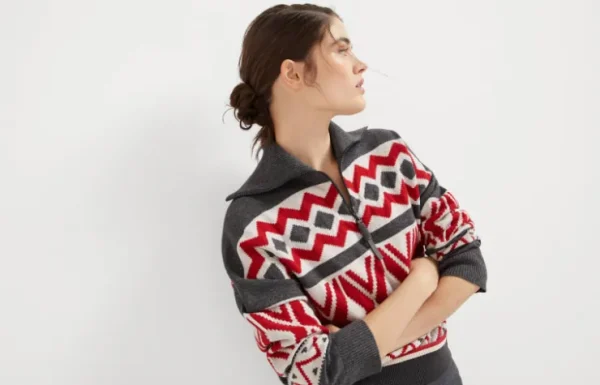 Brunello Cucinelli Retrò Jacquard-Rollkragenpullover aus Schurwolle, Kaschmir und Seide mit Reißverschluss | Damen Strickwaren