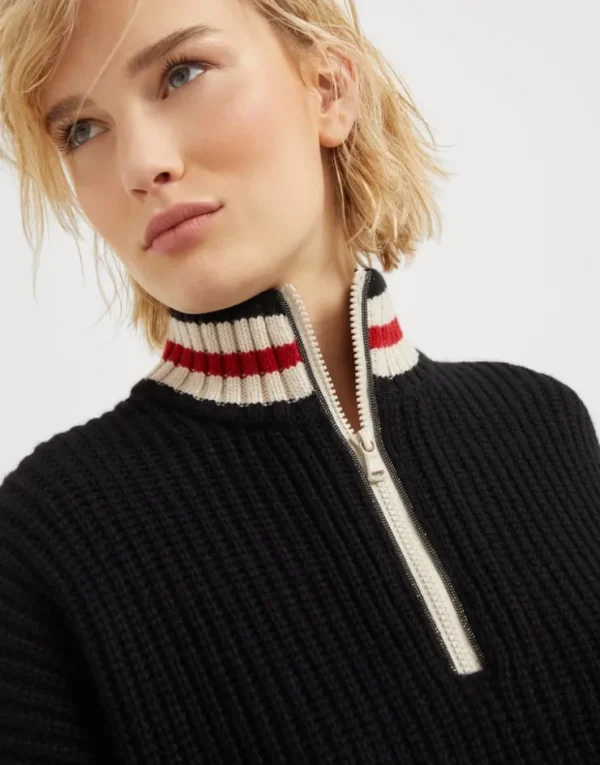 Brunello Cucinelli Rollkragenpullover aus Federkaschmir in Patentstrick mit Shiny Half Zip | Damen Strickwaren