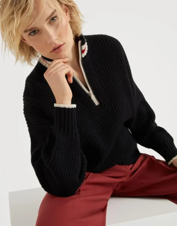 Brunello Cucinelli Rollkragenpullover aus Federkaschmir in Patentstrick mit Shiny Half Zip | Damen Strickwaren