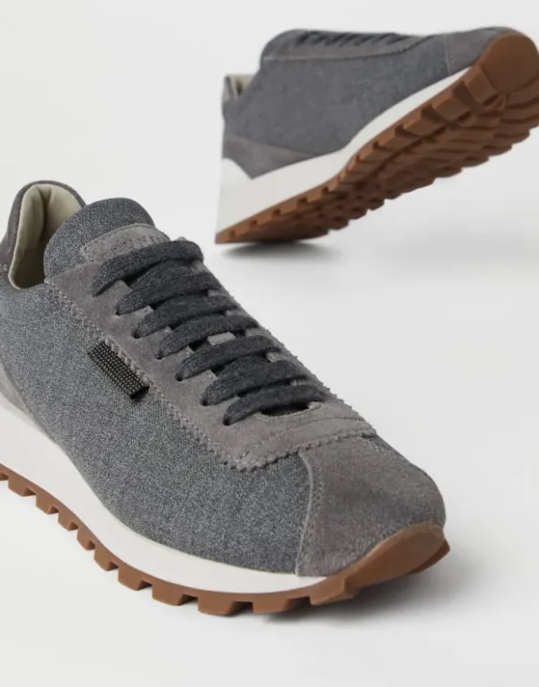 Brunello Cucinelli Runners aus Schurwollcanvas und Veloursleder mit Shiny Tab | Damen Sneakers