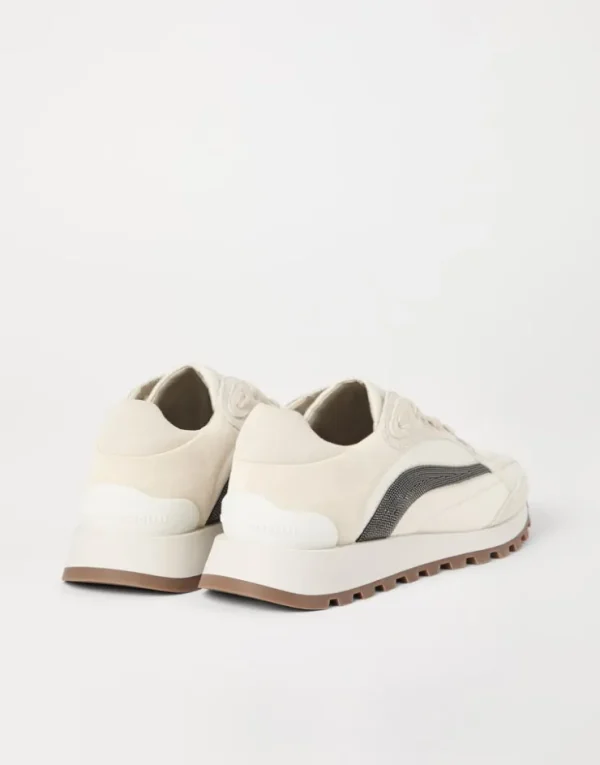 Brunello Cucinelli Runners aus Veloursleder und Baumwolltwill mit Membran und Precious Stripe | Damen Sneakers