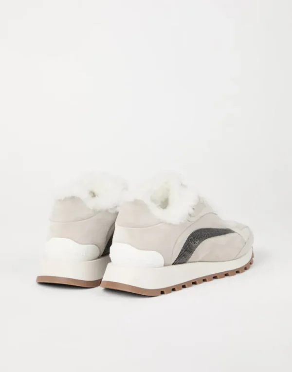 Brunello Cucinelli Runners aus Veloursleder mit Futter aus Shearling und Precious Stripe | Damen Sneakers