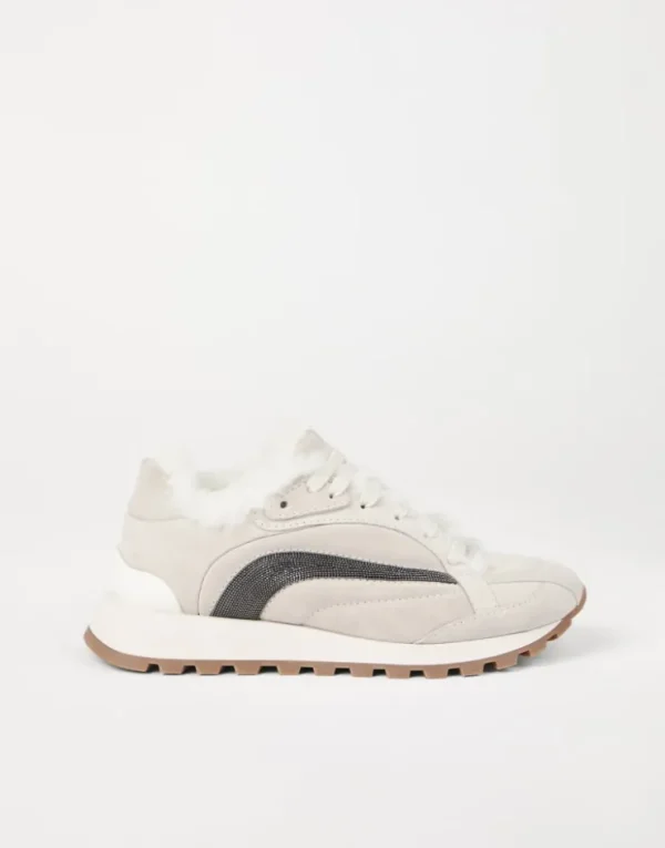 Brunello Cucinelli Runners aus Veloursleder mit Futter aus Shearling und Precious Stripe | Damen Sneakers