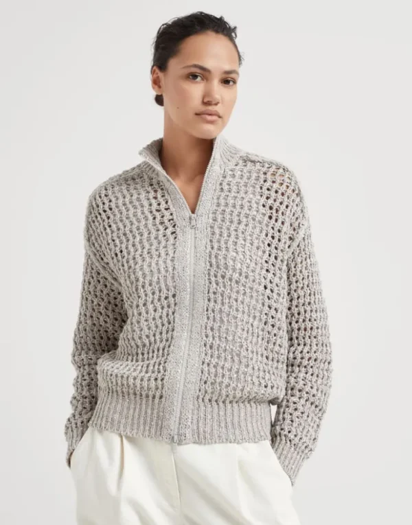 Brunello Cucinelli Rustic Dazzling Net-Cardigan aus Seide und Leinen | Damen Strickwaren