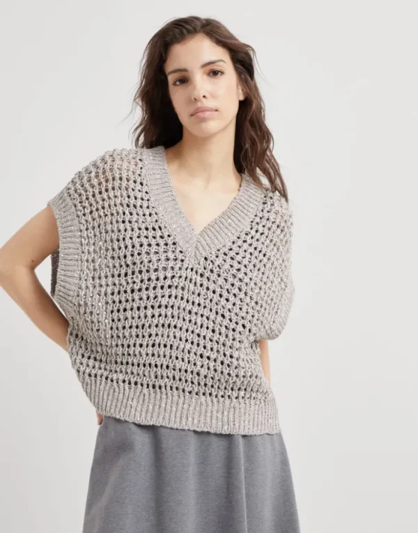 Brunello Cucinelli Rustic Dazzling Net-Pullover aus Seide und Leinen | Damen Strickwaren