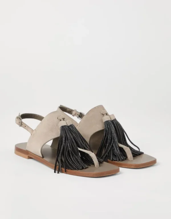 Brunello Cucinelli Sandalen aus Veloursleder mit Precious Tassels | Damen Sandalen