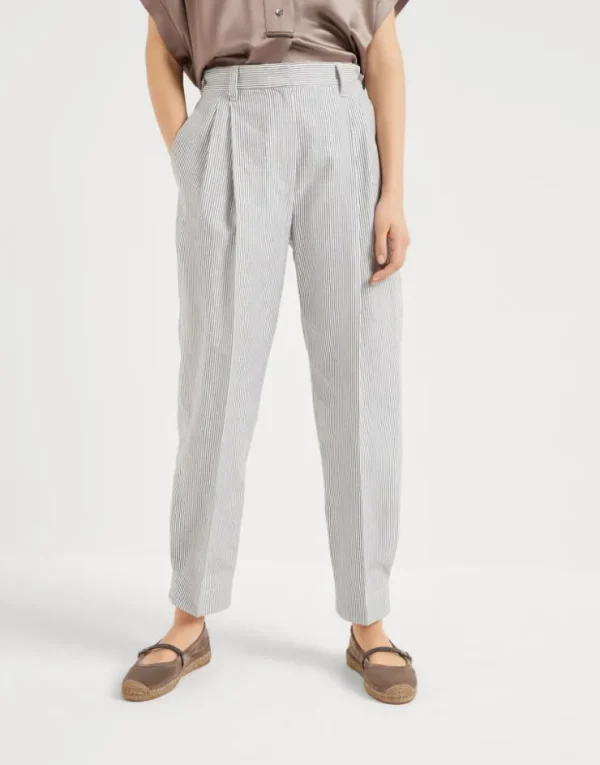 Brunello Cucinelli Sartorial Baggy-Hose aus gestreiftem Twill in Baumwolle und Leinen | Damen Hosen