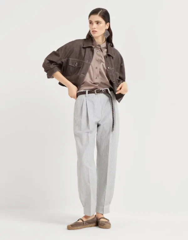 Brunello Cucinelli Sartorial Baggy-Hose aus gestreiftem Twill in Baumwolle und Leinen | Damen Hosen