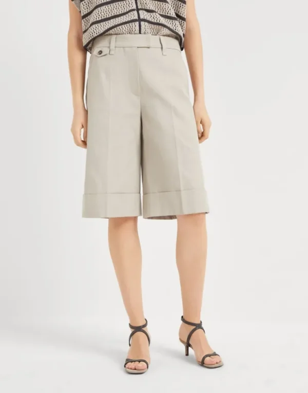 Brunello Cucinelli Sartorial Long-Bermuda aus Baumwollcover und Leinen mit Monili | Damen Hosen